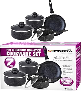 7X Pcs Prima Aluminium Black Marble Coated Cookware Set Non-Stick Saucepan Lid Pot Frypan Stockpots Home Kitchen Chef Cooker 16|18|20|24cm Housewarming Gifts Cooking Pan Dining Bar UK Free P&P
