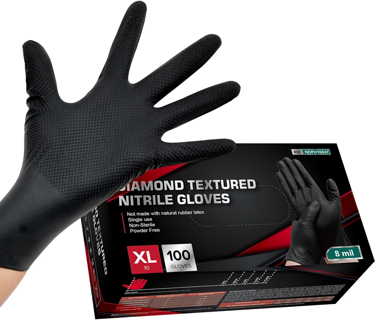 Jointown Basic Heavy Duty Nitrile Gloves, Mechanic Gloves 8 Mil Nitrile Disposable, with Raised Diamond Texture, Case of 100, Black, XLarge