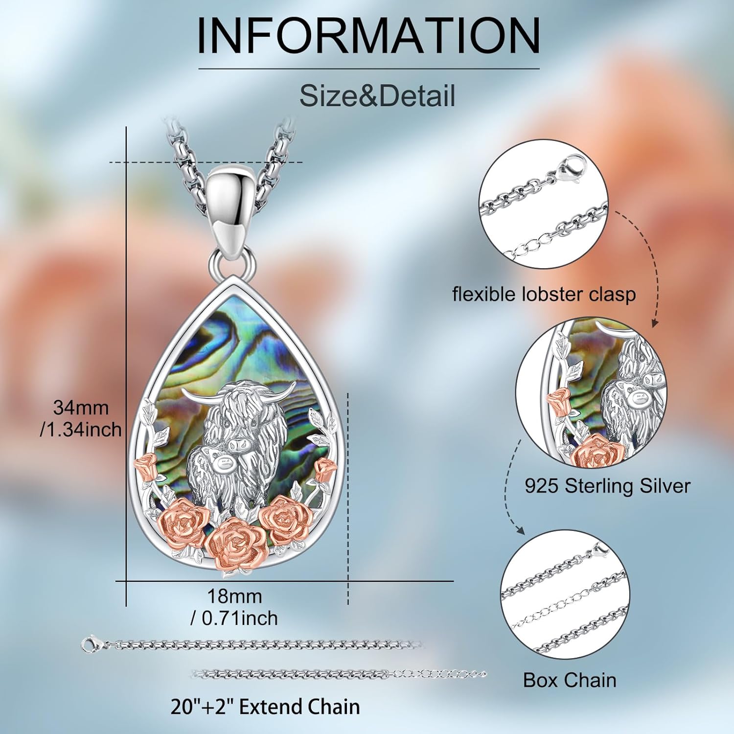 Highland Cow Necklace for Women Cows Pendant 925 Sterling Silver Cute Animal Scottish Jewelry Gifts for Mom Birthday Mother's Day Daughter Graduation Valentine's Day - Image 3