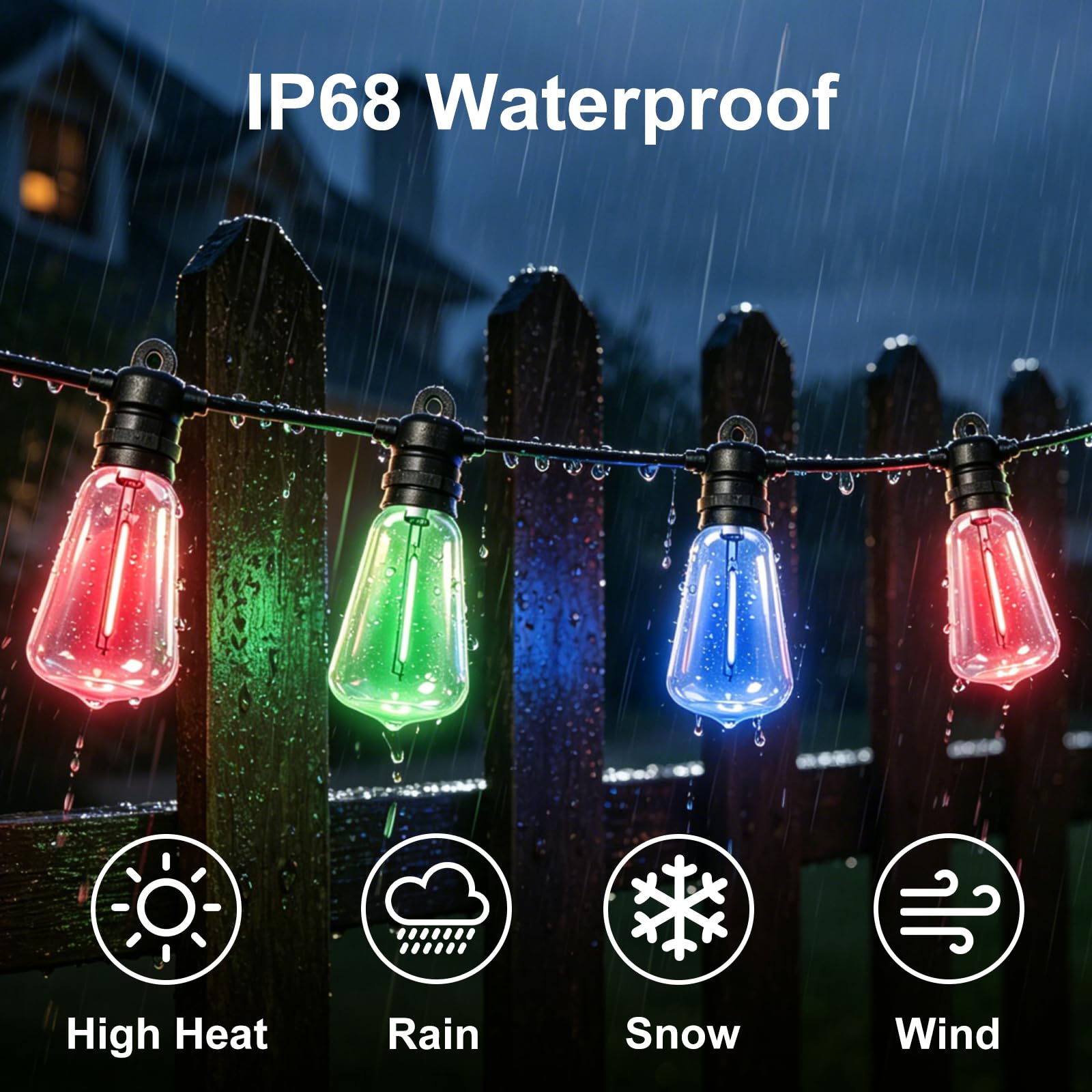 Guirlande lumineuse LED d'extérieur - 15 m - 24 ampoules blanc chaud et multicolore - ST38 - 8 modes - 4 intensité variable - Minuterie - IP68 - Pour balcon, jardin, terrasse, fête, bistro