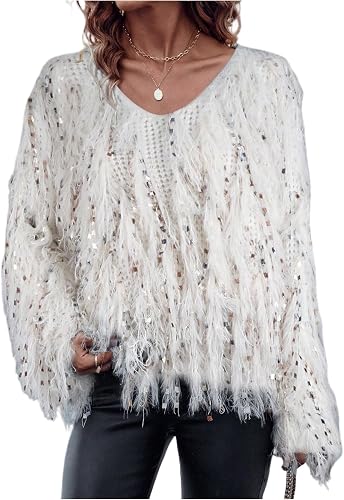 SOLY HUX Women's Fringe Sweater V Neck Long Sleeve Sequin Knitted Pullover Jumpe