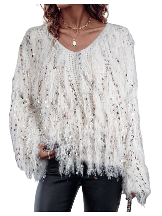 SOLY HUX Womens Fringe Sweater V Neck Long Sleeve Sequin Knitted Pullover Jumper Tops