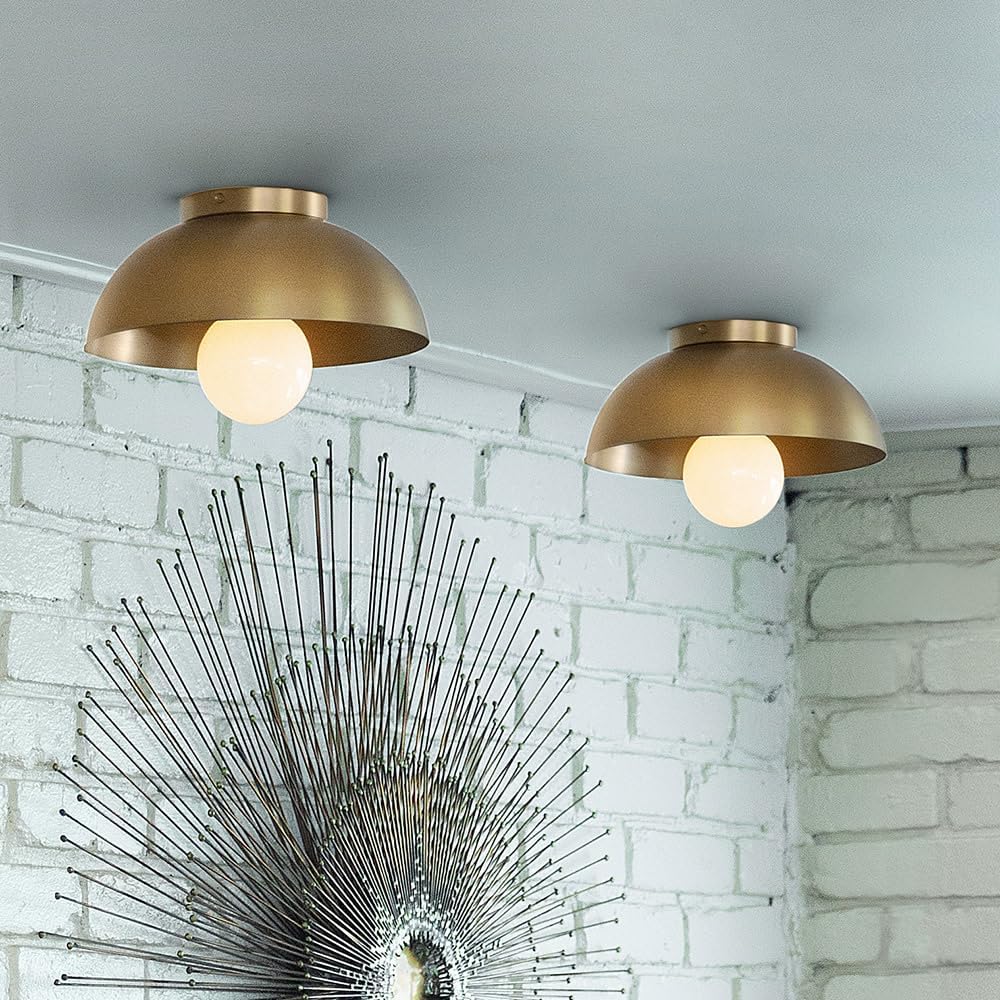 Lark STU 83301LCB Small Flush Mount Ceiling Light, Lacquered Brass Canopy, Metal Dome Shade, Lacquered Brass