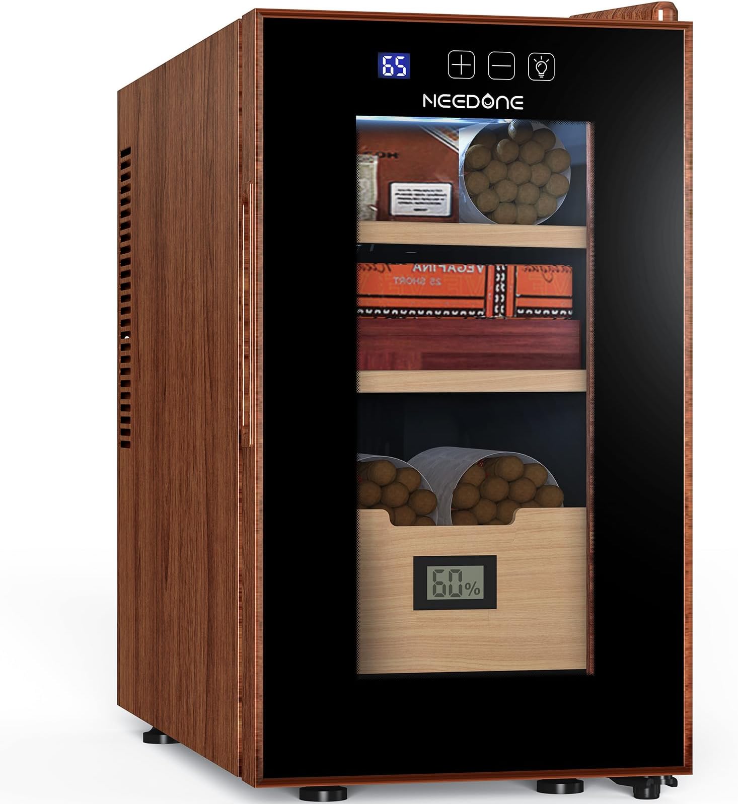 NEEDONE 23L Electric Cigar Humidor with Heating & Cooling System | Spanish Cedar Wood Cabinet | 150-Count Capacity | Digital Hygrometer & Touch Control | Quiet Thermostatic Storage (Woodgrain)