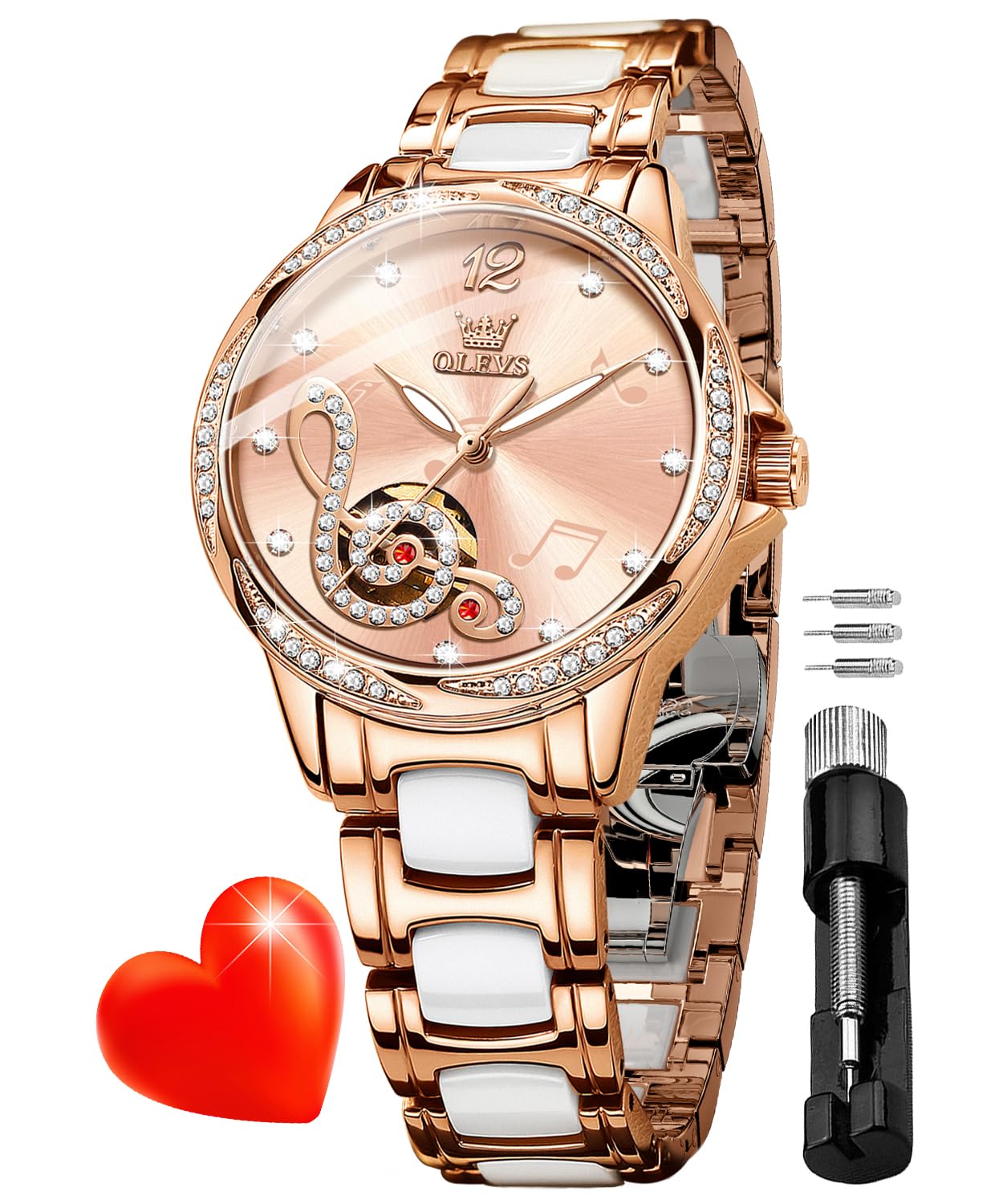 OLEVS Automatic Watch for Women Luxury Diamond Rose Gold Ladies Self Winding Mechanical Ceramic Wrist Watch Love Heart Date