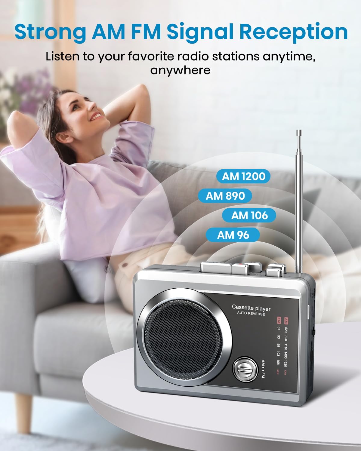 Tragbarer Kassettenrekorder-Player und AM/FM-Radio, kompakter Kassettenspieler mit 3,5-mm-Kopfhöreranschluss, integriertem Lautsprecher, Batterie-/USB-betrieben