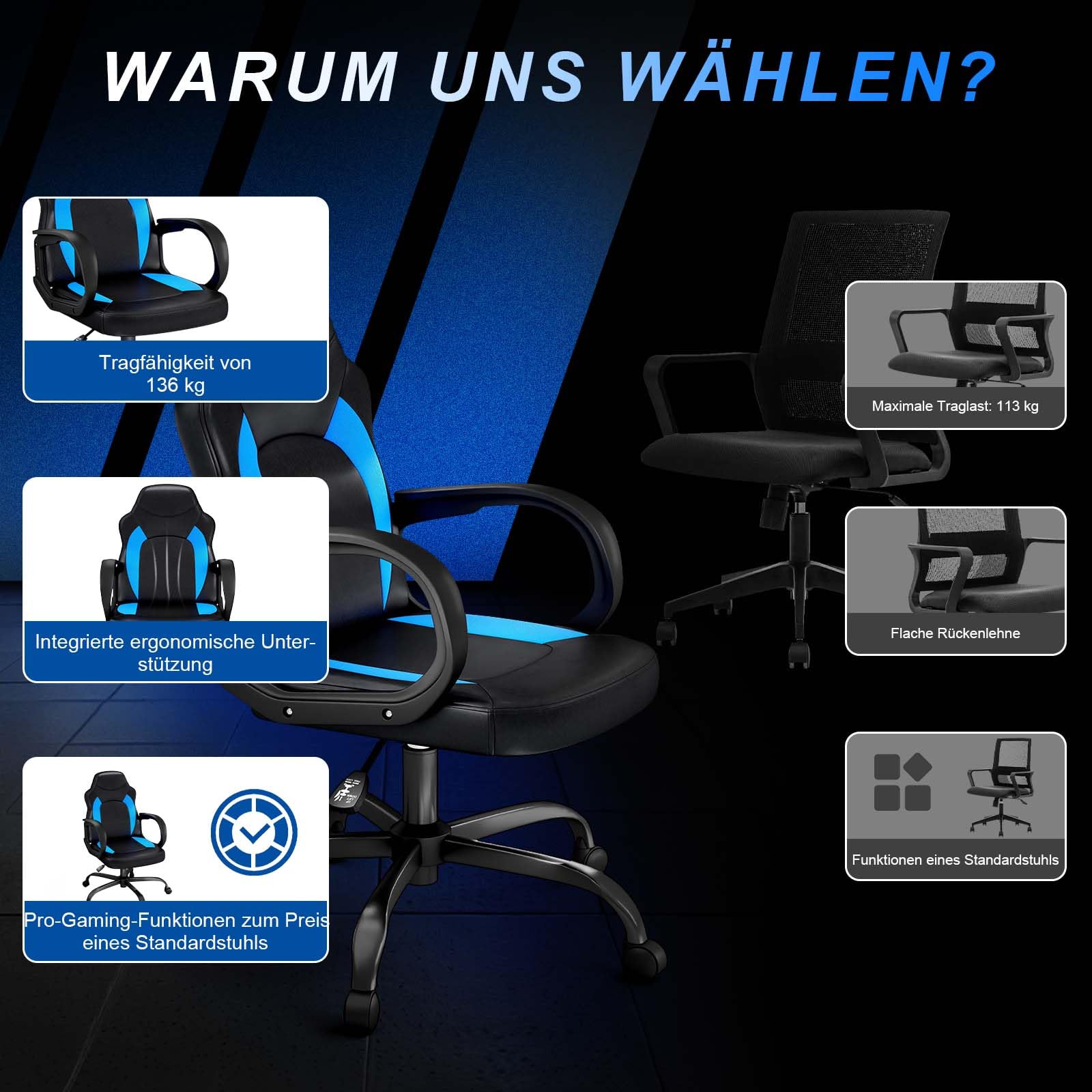 AnyGod Bürostuhl Höhenverstellbar mit Ergonomischer Rückenlehne, Drehstuhl aus Kunstleder für Homeoffice und Gaming, 360° Drehfunktion, Belastbar bis 136 kg
