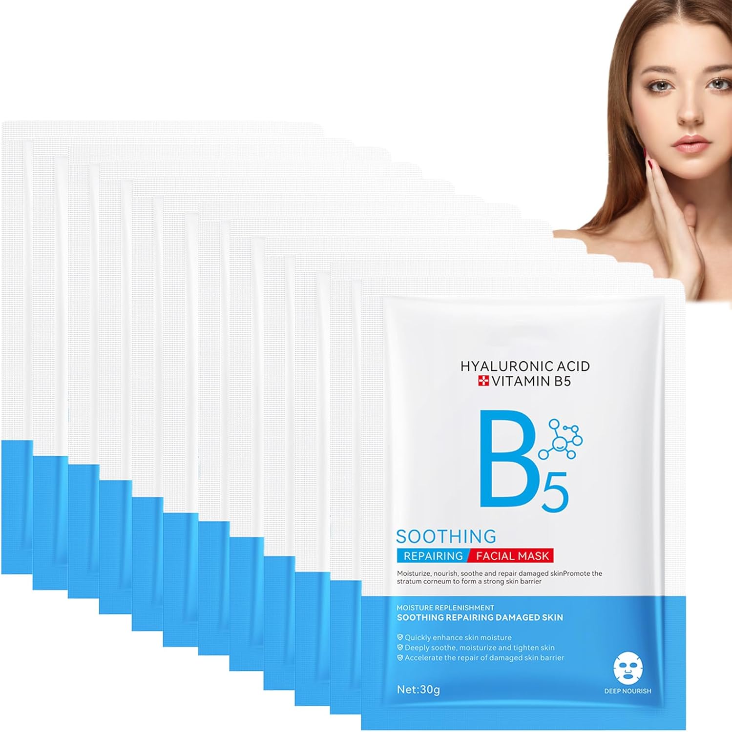 Vitaminen B5 Hyaluronzuur Kalmerende Reparatie Gezichtsmaskers – Hydraterende En Voedende Gezichtsmaskers Met Hyaluronzuur En Vitamine B5, Geschikt Voor Droge Huid, 12 Stuks