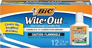 BIC Wite Out Extra Coverage Correction Fluid, 20 mL, White, Covers The Toughest Mistakes, 12-Count Pack