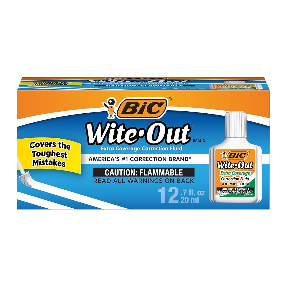 BIC Wite Out Extra Coverage Correction Fluid, 20 mL, White, 12-Count Pack
