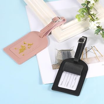 2pcs Leather Luggage Tag, Baggage Address Tags with Adjustable Strap Luggage Labels Privacy Protection Suitcase Tags Identifiers for Luggage Suitcases Wedding Valentines Gift (Black, Pink)