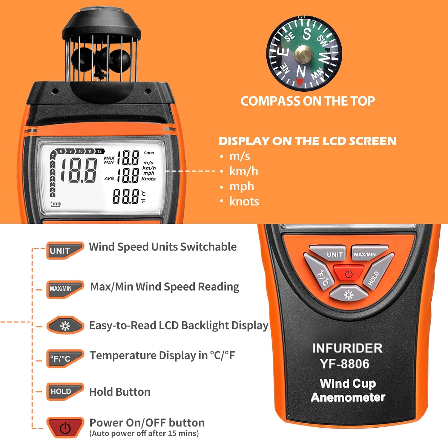 Handheld Wind Cup Anemometer,INFURIDER YF-8806 Digital Wind Speed Gauge Meter Shows Wind Temperature,Max/Min/Avg Air Volume,Wind Velocity/Direction w/Compass for HVAC Weather Monitoring
