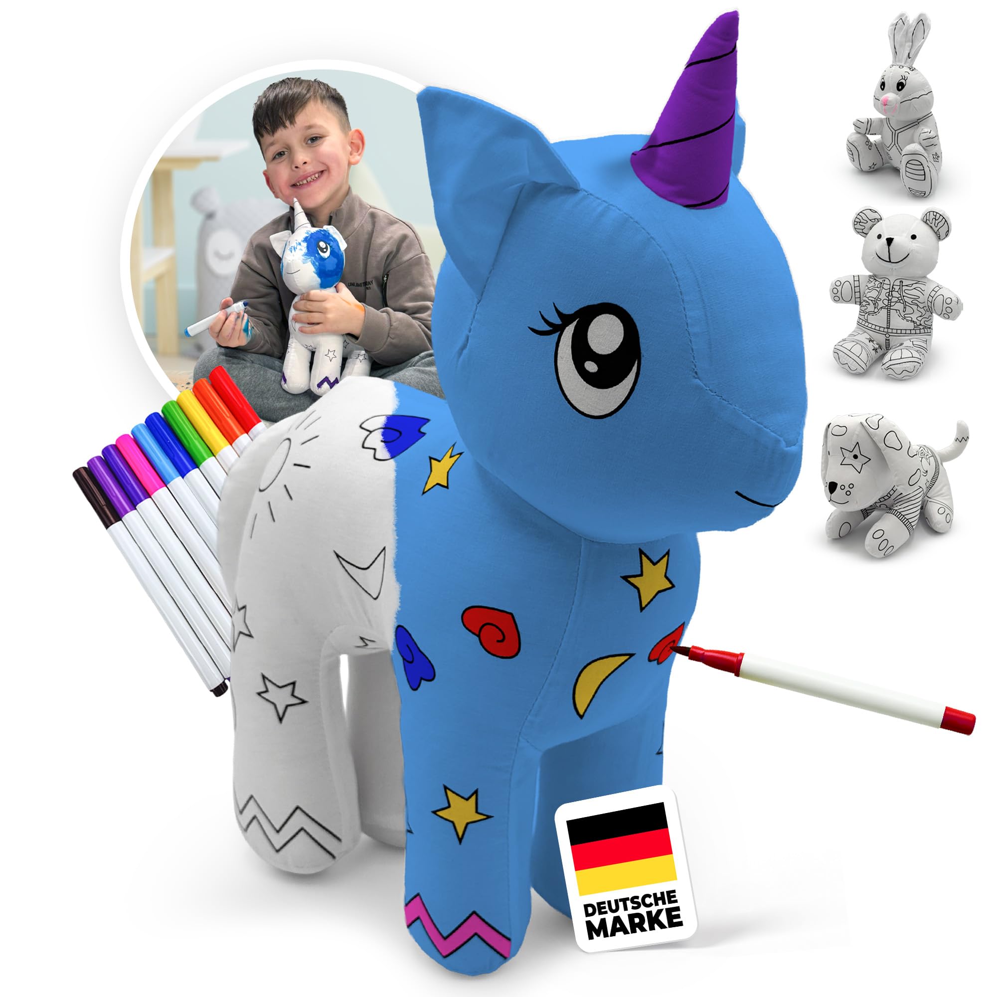 Mumore Montessori - Jouet licorne à partir de 3 ans - Doudou à peindre - Avec 10 feutres lavables - Favorise la créativité et la motricité - Réutilisable et lavable - Cadeau pour fille et garçon