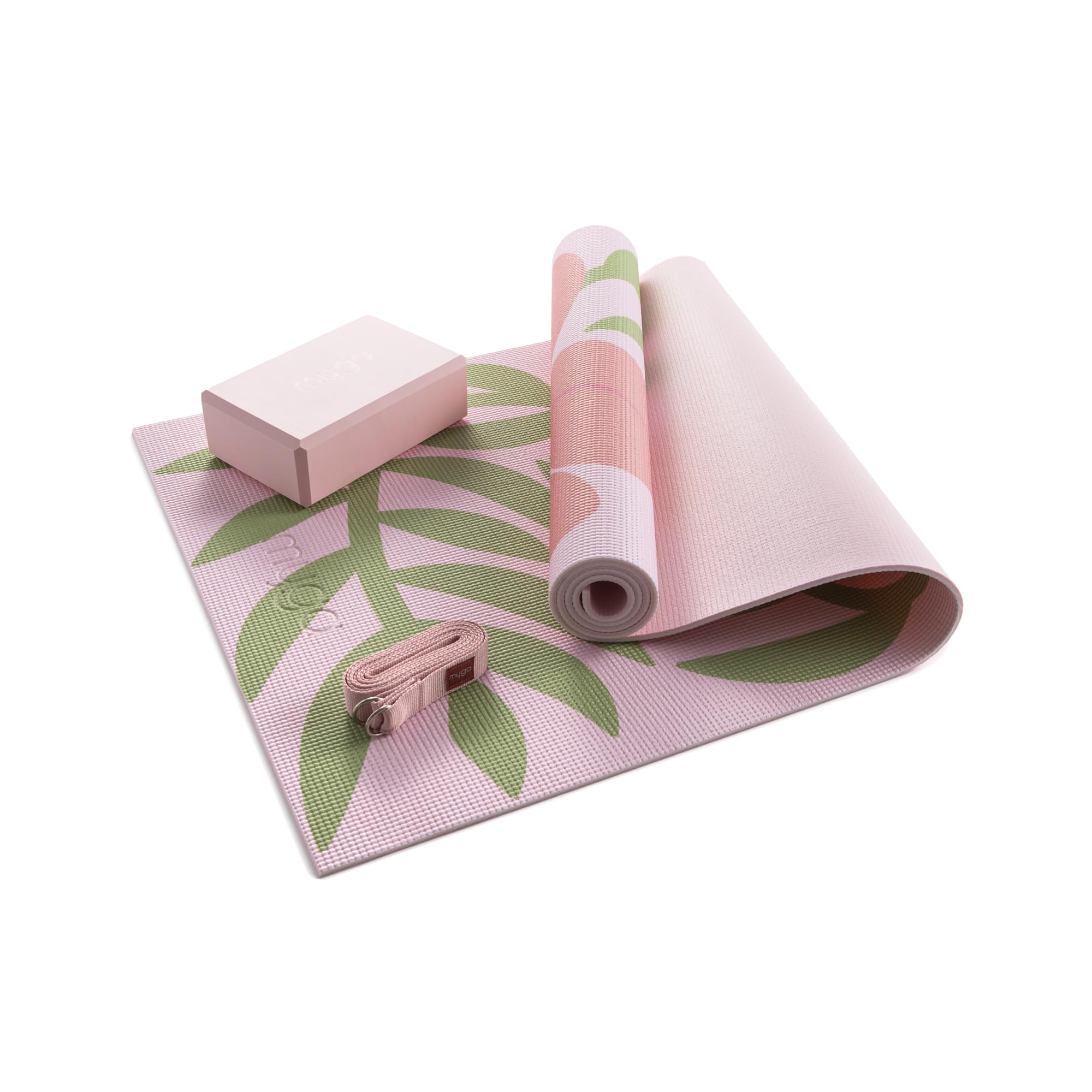 MYGA Yoga Starter Set - 6mm Non-Slip Yoga Mat, Yoga Block and Strap - Starter Kit for Beginners in Pilates, Exercise and Fitness - Choice of Design (Blossom)