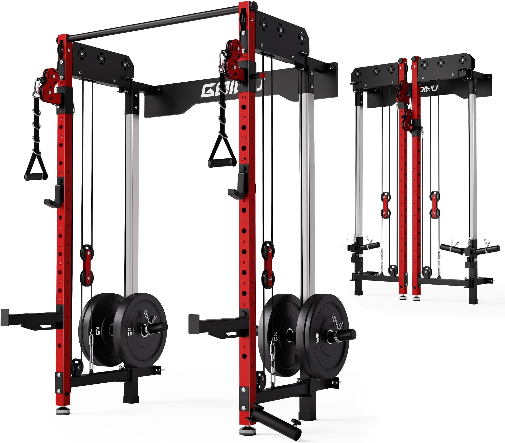 Goimu Folding Squat Rack, Wall Mounted Power Rack with Cable Crossover Machine & LAT Pull Down, Functional Trainer(with 140LBS Weight Plate, Red)