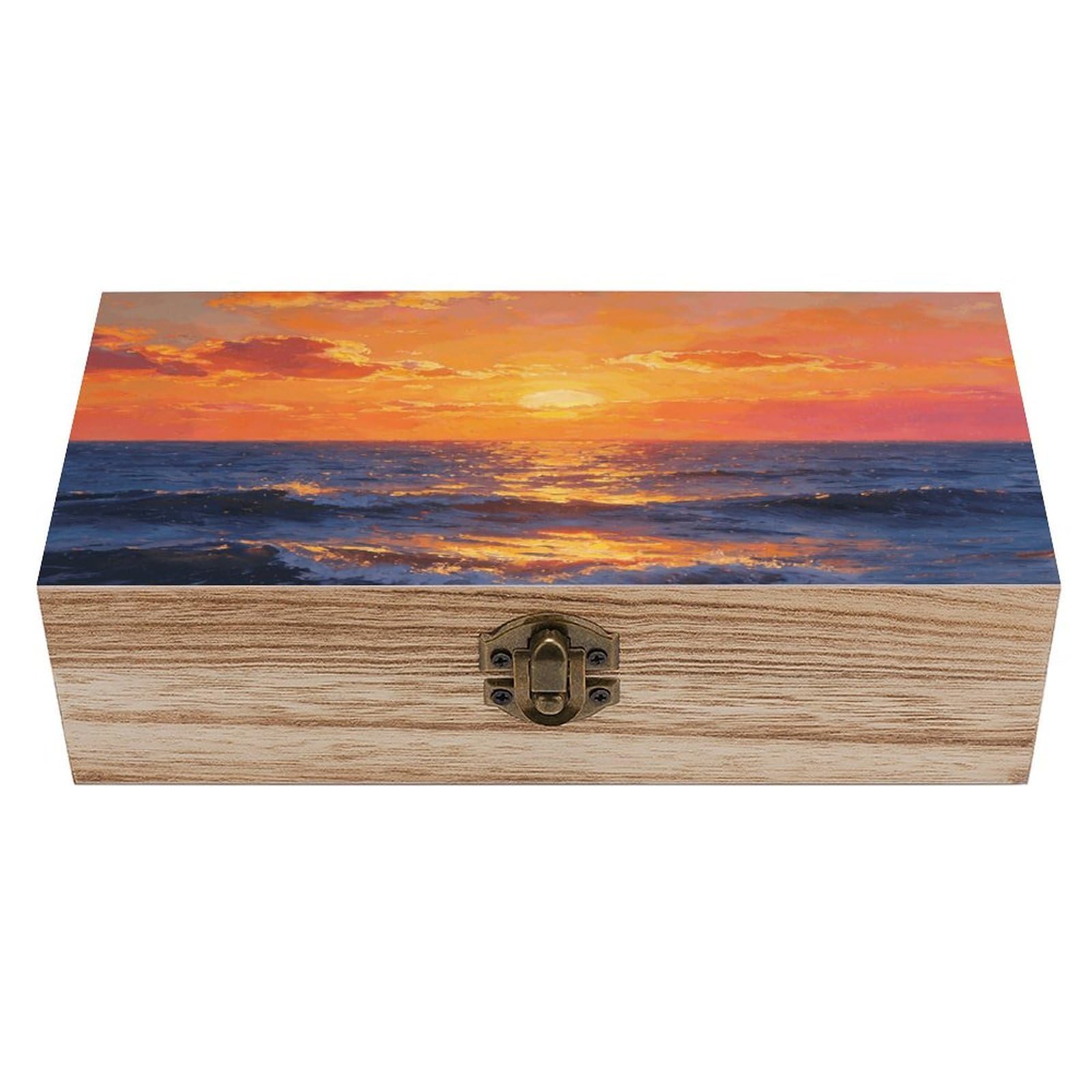 LZQPOEAS Oceanic Sunset Wooden Keepsake Box Wooden Storage Box Container with Hinged Lid Beautiful Wood Memory Box Decorative Jewelry Case for Crafts Art Hobbies & Trinket Storage