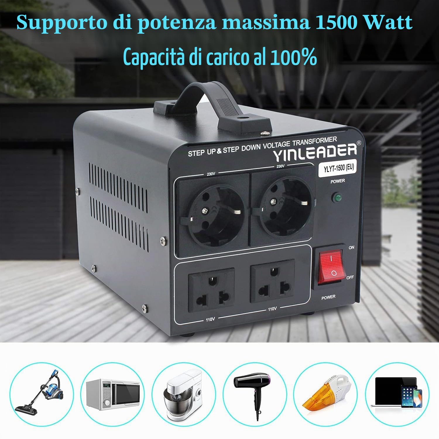 Yinleader Trasformatore di tensione da 1500 VA, Adattatore Convertitore di tensione da 230 V a 110 V/110 V a 230 V, Trasformatore LED