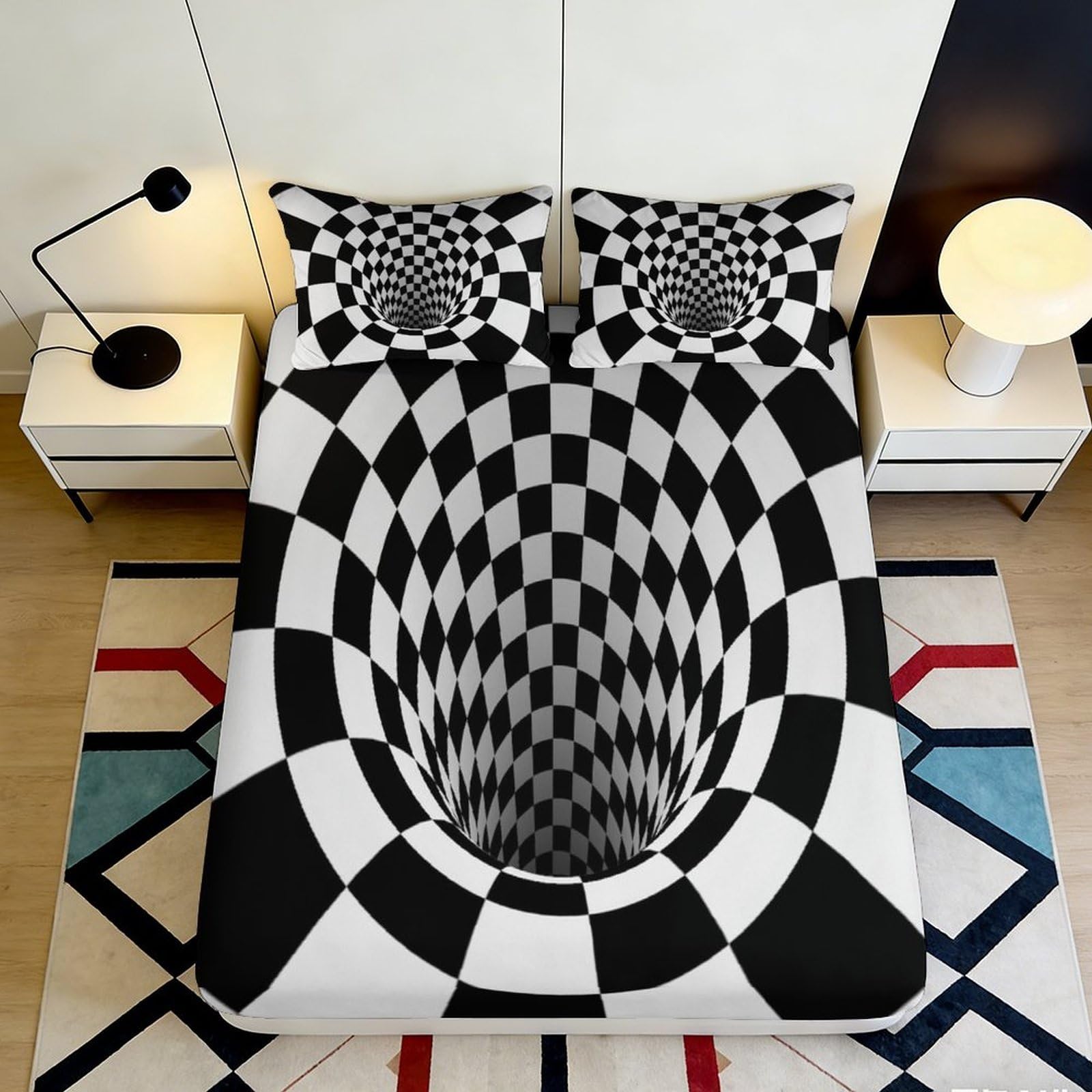 3D Printed Optical Illusion Fitted Sheet Microfiber Soft Black White Tunnel Bed Cover for Bedroom Dorm Decor 90x200x25cm