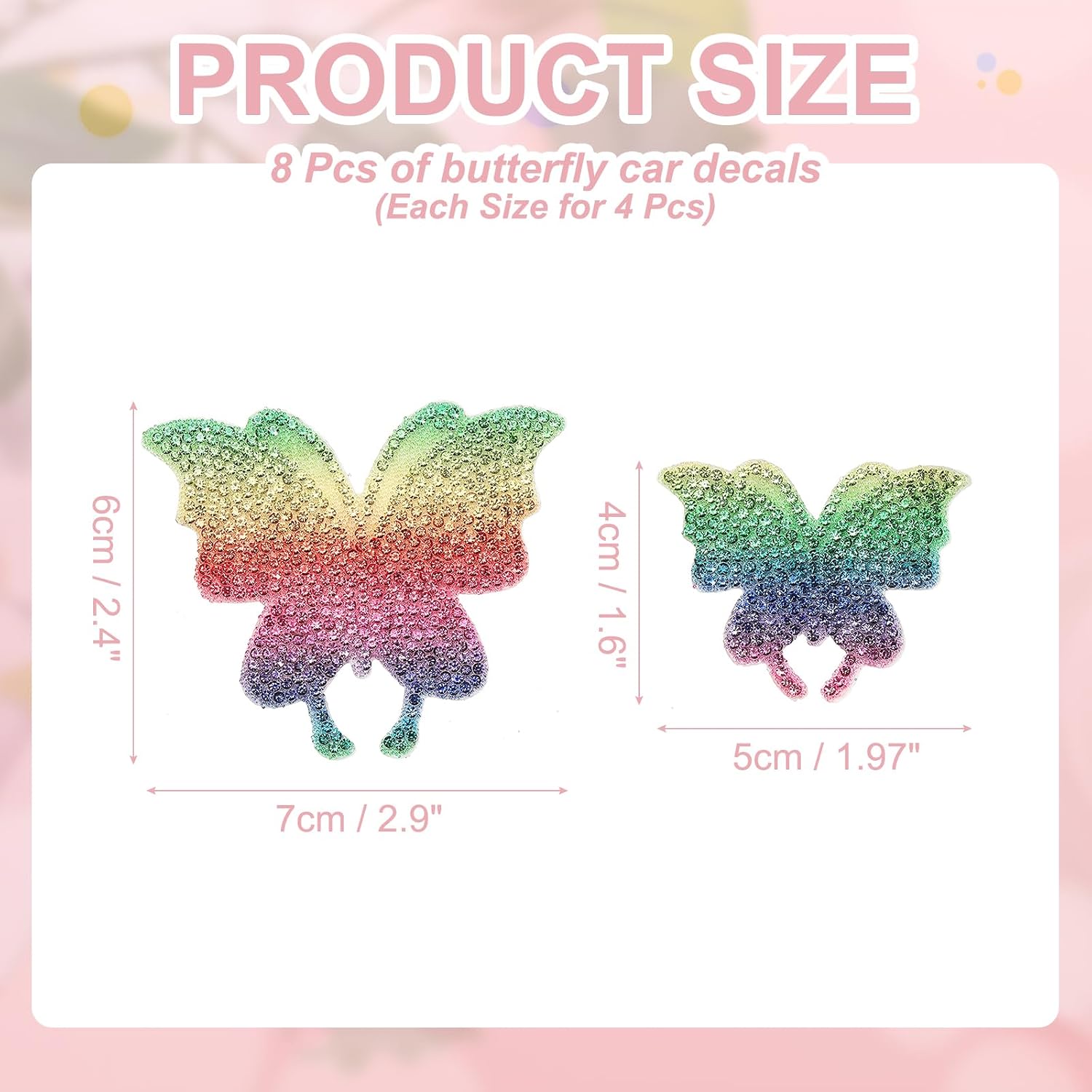 PATIKIL 8Pcs Butterfly Car Decals for Women, 2 Size Rhinestone Crystal Car Sticker Self Adhesive Glitter Sticker Decoration for Bumper Window Laptops Luggage, Colorful