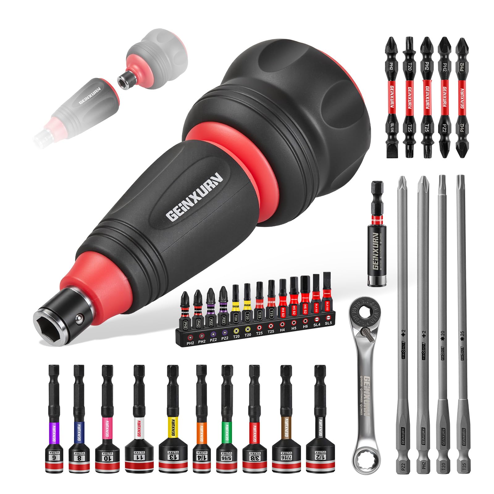 GEINXURN Set de 35 Tournevis à Cliquet Court Douille Magnétique Hexagonale Mini Cliquet Double Extrémité Multi-Embouts Magnétiques (PH/PZ/Torx/Hex) et Porte-Embout pour Réparation