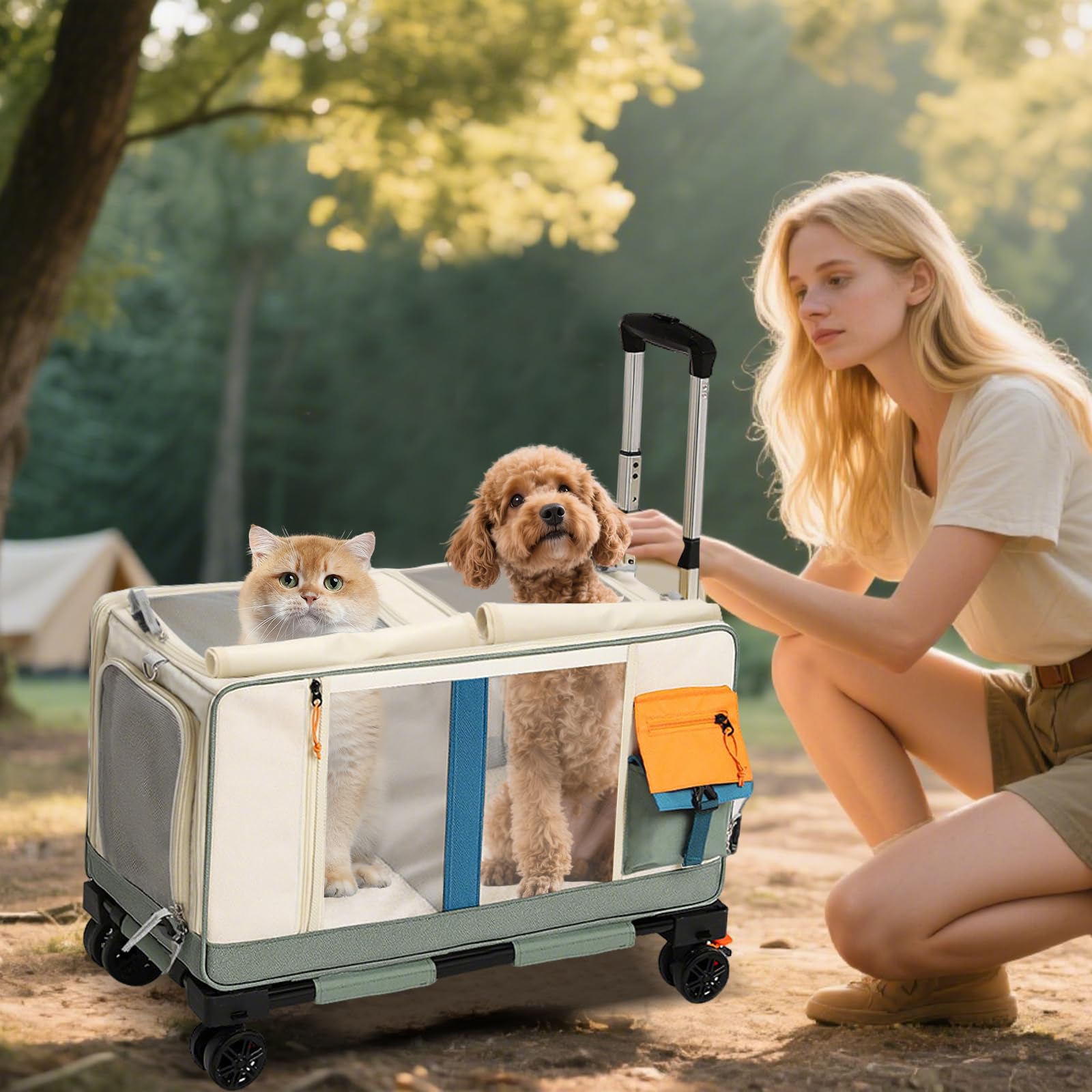 PETCUTE Transportín Doble para 2 Gatos con Ruedas,Transportador Rodante para Mascotas con Base Extraíble y Correas de Seguridad,Plegable Bolsa de Transporte para 2 Gatos Pequeños Perros Conejos