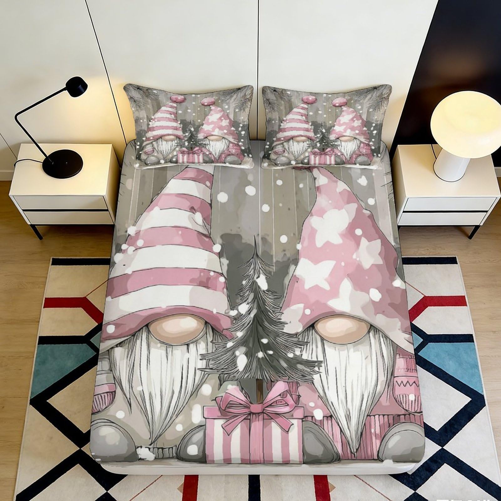 3D Printed Christmas Gnome Fitted Sheet Microfiber Pink Grey Nordic Tree Mattress Cover for Bedroom Guest Room Apartment Decor 90x200x25cm