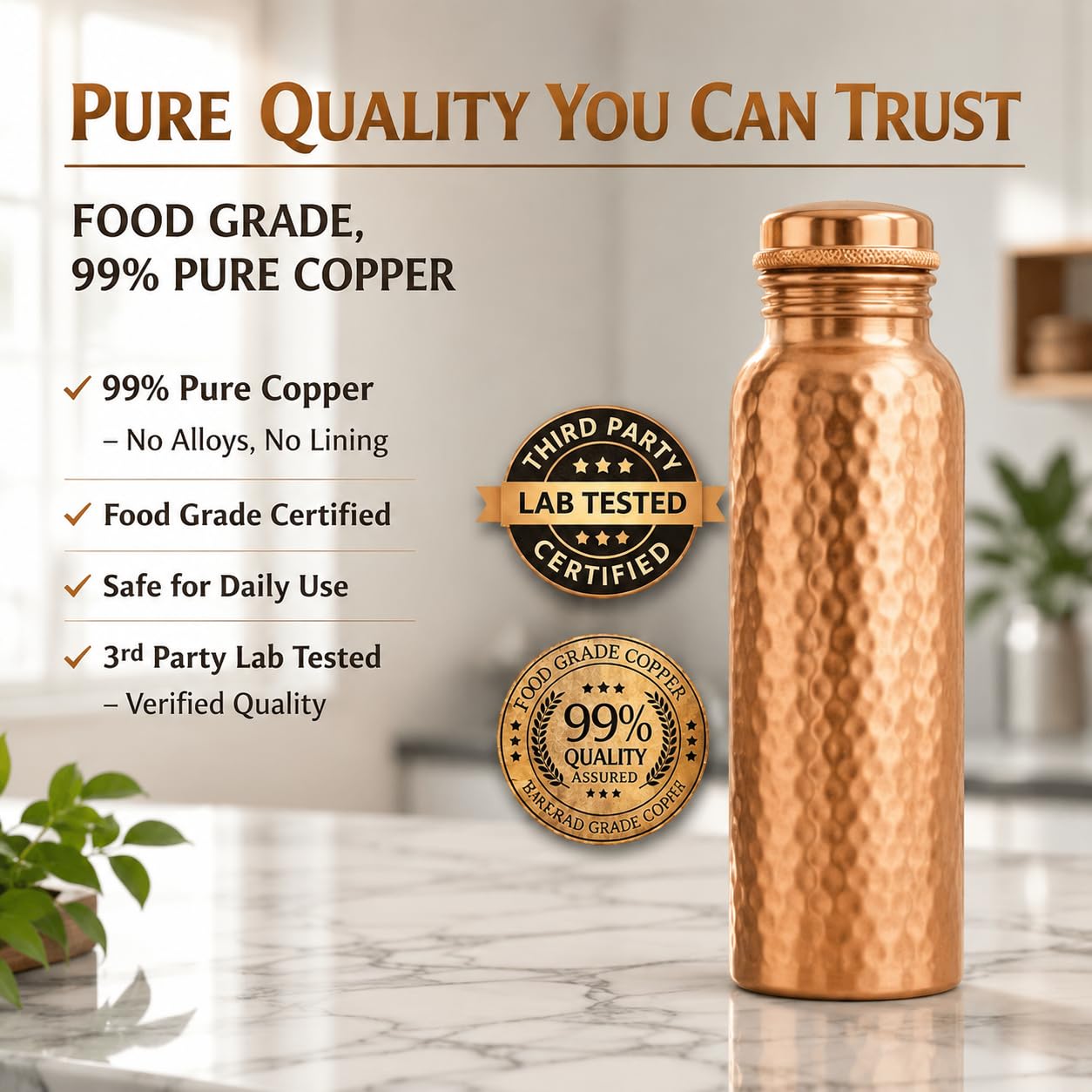 Bold & Divine Premium-Wasserflasche aus reinem Kupfer, gehämmert, Ayurvedische gesundheitliche Vorteile, handgefertigtes Kupfer-Wassergefäß, auslaufsicheres Design, rostfrei, inklusive Tragetasche aus