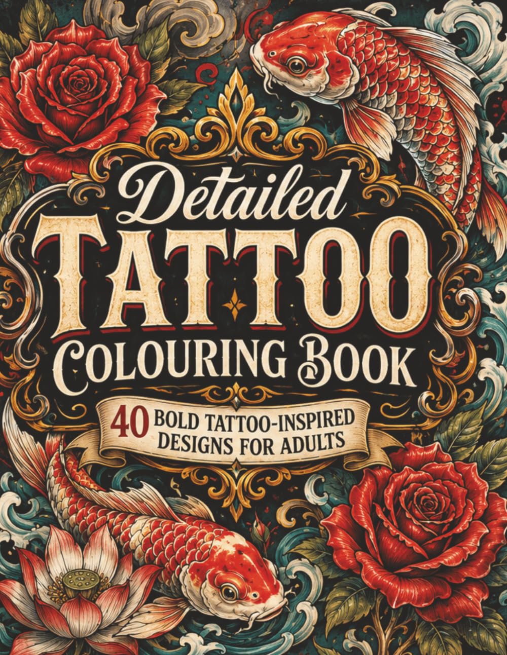 Detailed Tattoo Colouring Book: 40 Bold Tattoo-Inspired Designs for Adults Featuring Skulls, Roses, Animals, Daggers, Koi Fish, Dragons and Ornamental Art