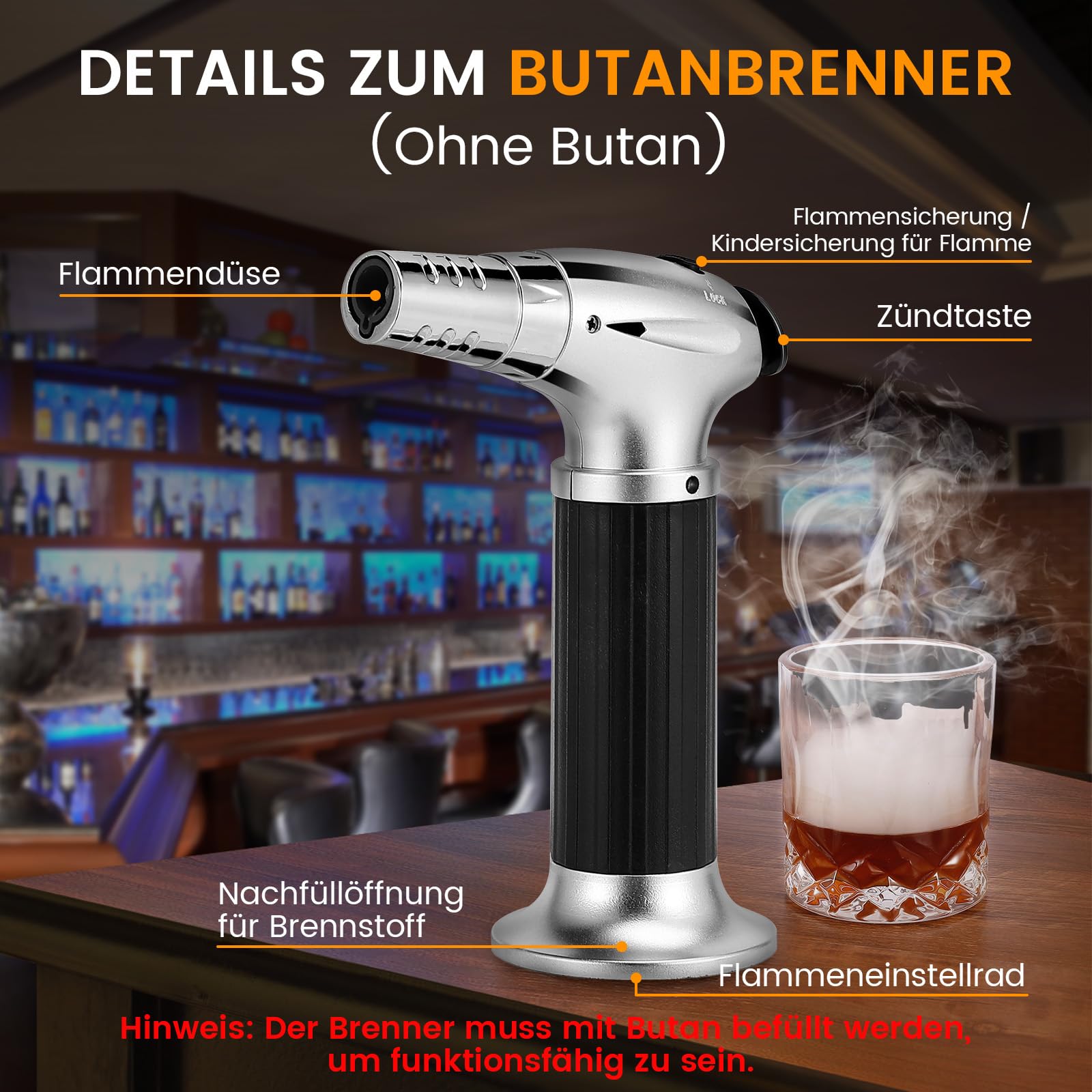 Whiskey Cocktail Smoker Set mit Brenner, 6 Geschmacksrichtungen Holzspäne, 2 Gläser, 2 Eisball-Formen, Bourbon Old Fashioned Drink Räucher-Kit, Geschenk für Männer Väter Ehemänner Freunde (ohne Butan)