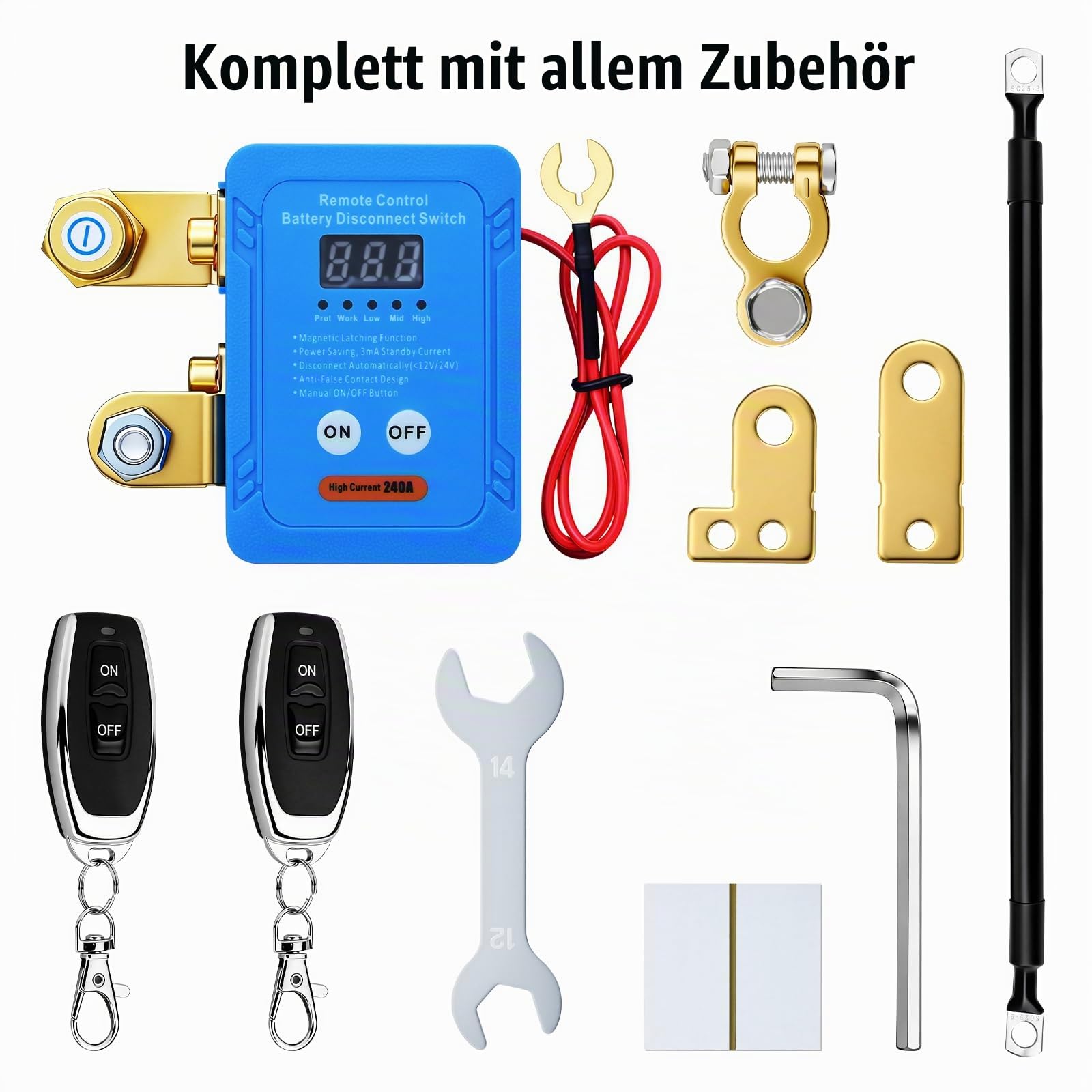 ‌Fernbedienbarer Batterietrennschalter mit Spannungsanzeige – inkl. Kabel, Werkzeug und Zubehör – schützt Batterieelektronik per Schlüsselfernbedienung – für Autos/Fahrzeuge 12V/24V 240A