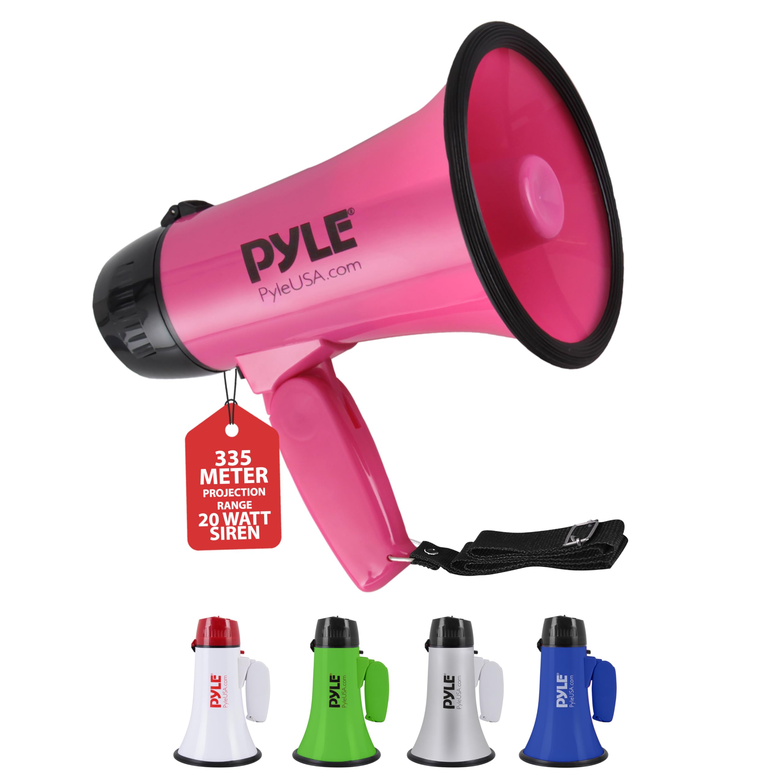 PylePortable Megaphone Speaker Siren Bullhorn - Compact and Battery Operated with 20 Watt Power, Microphone, 2 Modes, PA Sound and Foldable Handle for Sports, Cheerleading, Police, Kids & More (Pink)
