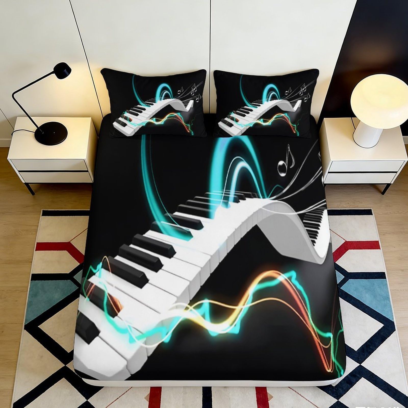 3D Printed Piano Keyboard Fitted Sheet Microfiber Black Musical Note Bed Cover for Bedroom Dorm Mattress Decor 119 160x200x25cm