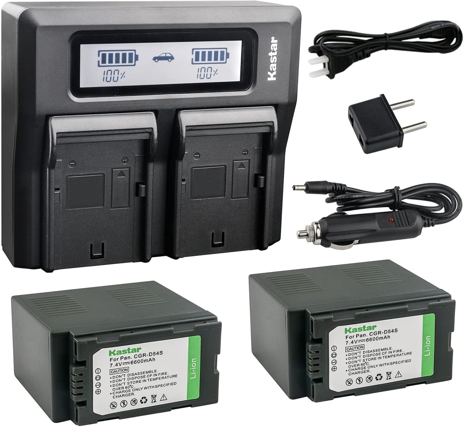 Kastar Fast Dual LCD Charger + 2X Battery for Panasonic CGA-D54 VW-VBD55 and AG-DVX102 AG-HPX170 AG-HPX250 AG-HPX255 AG-HVX200 AJ-PCS060G NV-MX5 NV-MX350 NV-MX500 NV-MX1000 NV-MX2500 NV-MX5000