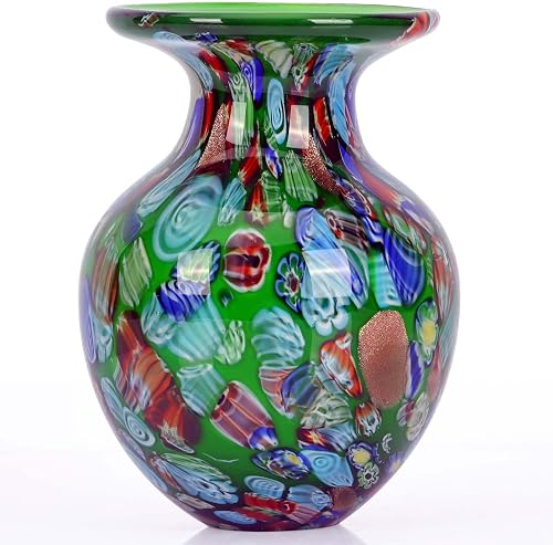Hand Blown Glass vase, Colorful Glass Decorative vase, Glass Art Green vase for Bookshelf Coffee Table Floor Mantelpiece Entry Table top TV Stand and Dining Table Centerpiece Decorative vase.