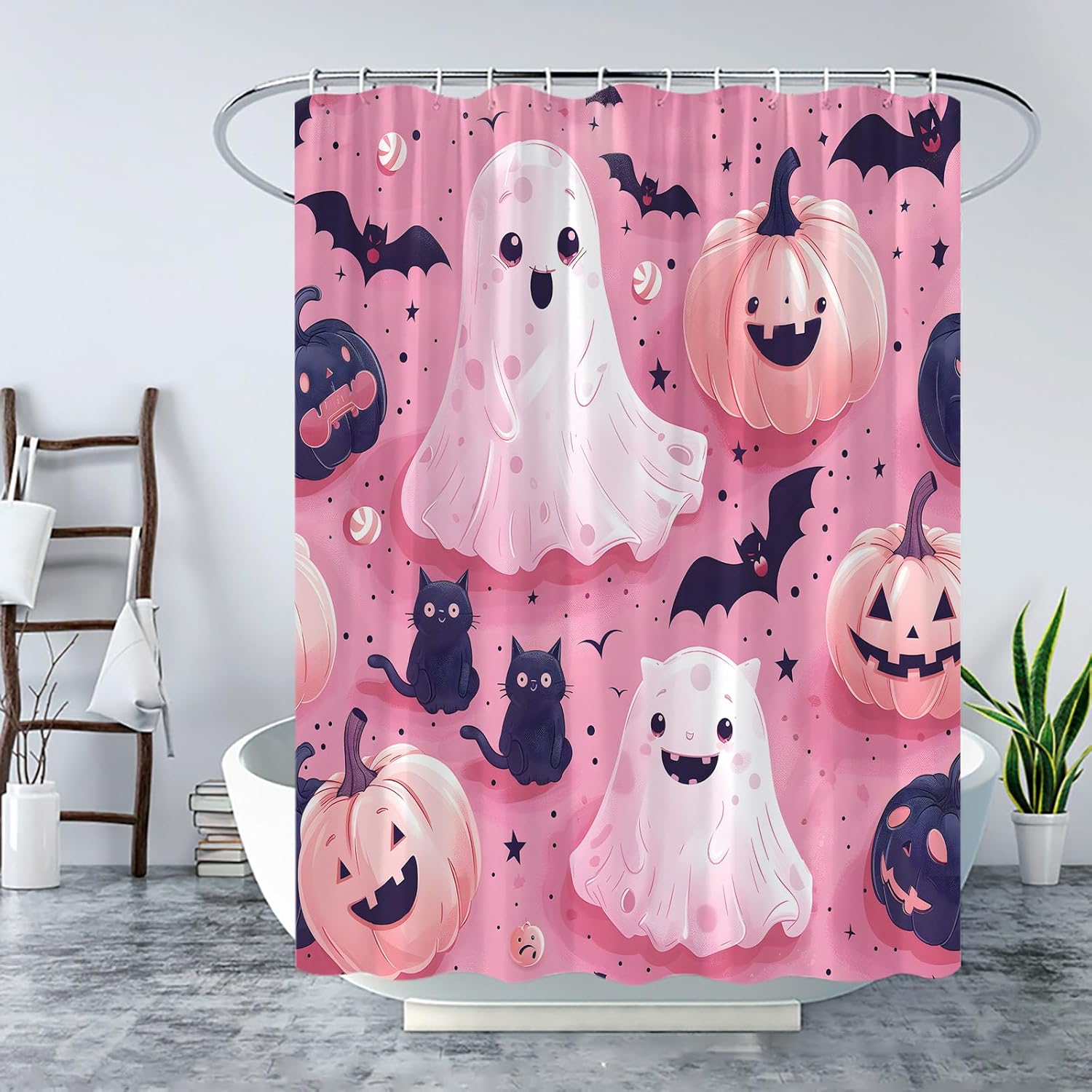 Spooky Halloween Shower Curtain Funny Cartoon Pink Halloween Cute White Ghost Black Cat Bat Orange Pumpkin Happy Holiday Time Fabric Bathroom Curtain with Hook
