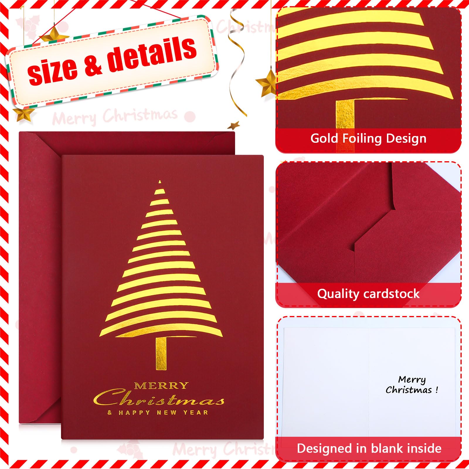 Cholemy 100 tarjetas de Feliz Navidad en caja con sobres, tarjetas navideñas de 5.5 x 4 pulgadas, tarjeta de felicitación de Navidad con impresión de lámina dorada, regalo de Navidad para amigos,