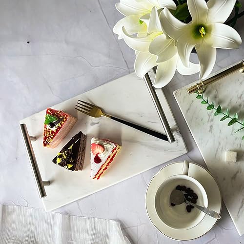 Miniatura 5 de BustleDust Bandeja decorativa de mármol natural con asas plateadas para mostrador, tocador, mesita de noche o escritorio, dimensiones (blanco Jax,