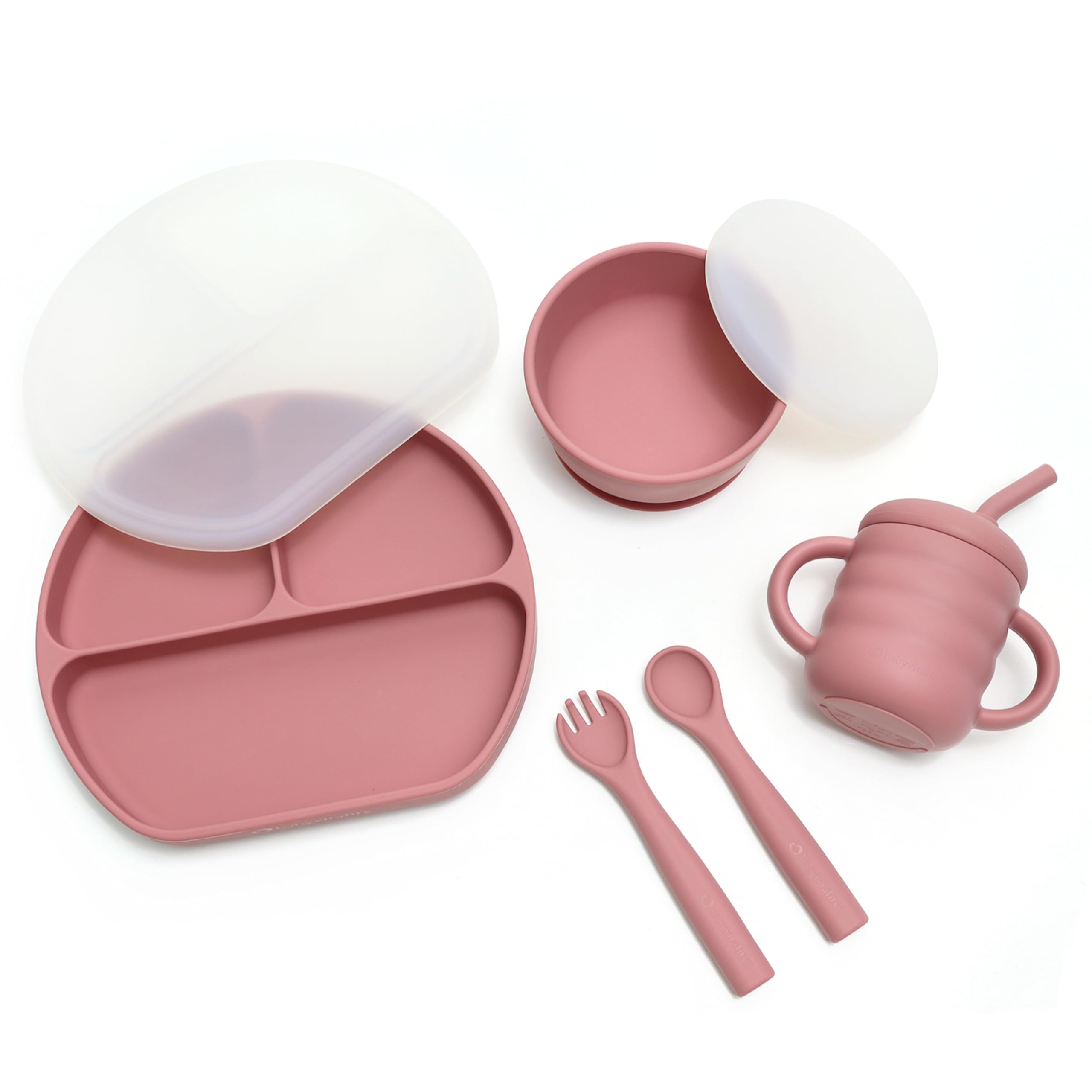 Silicone Feeding Set | Suction Plates & Bowls with Lids, Sippy Cup, Utensils | Toddler Eating Essentials - Pink