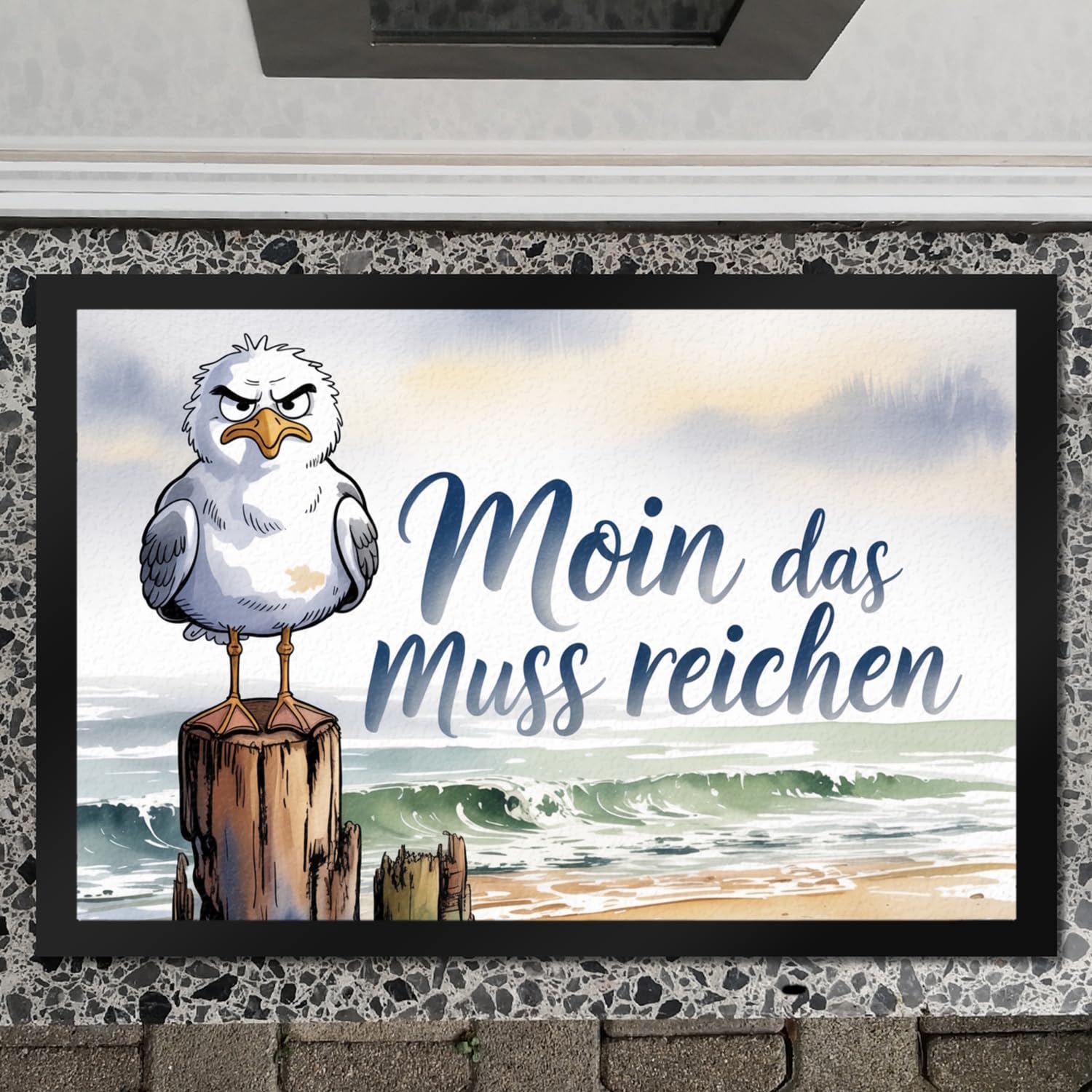 speecheese Möwe Aquarell Moin Spruch Fußmatte XXL in 50x75 cm für Nordseefans Maritime Türmatte mit lustigem Küstenspruch