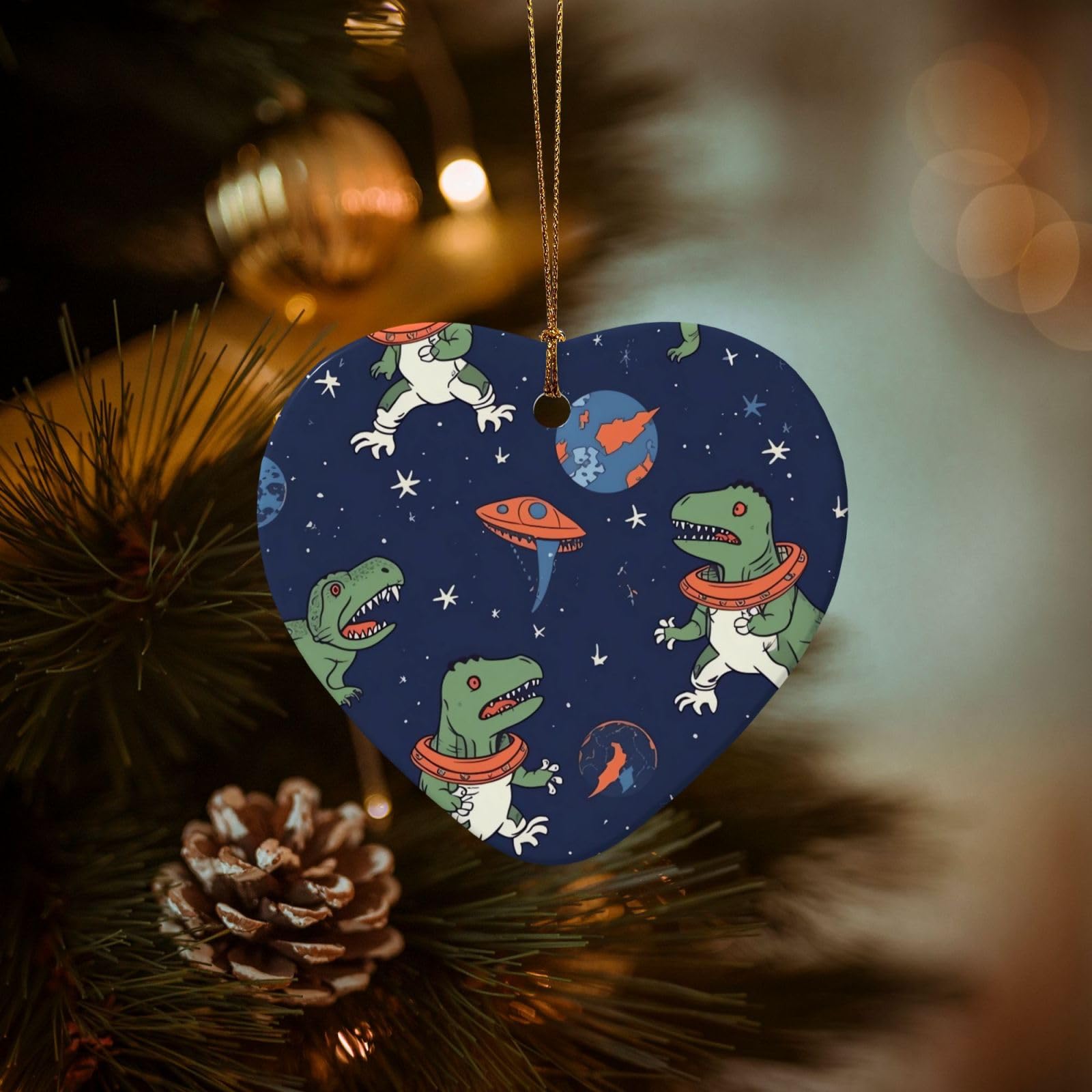 Christmas Ornaments for Christmas Tree Decoration Hanging Funny Astronaut Dinosaur Rocket Ornament with Gold Ribbon Crafts Heart Shape Ceramic Pendant for Keepsake Gifts Xmas Decor Party Supplies