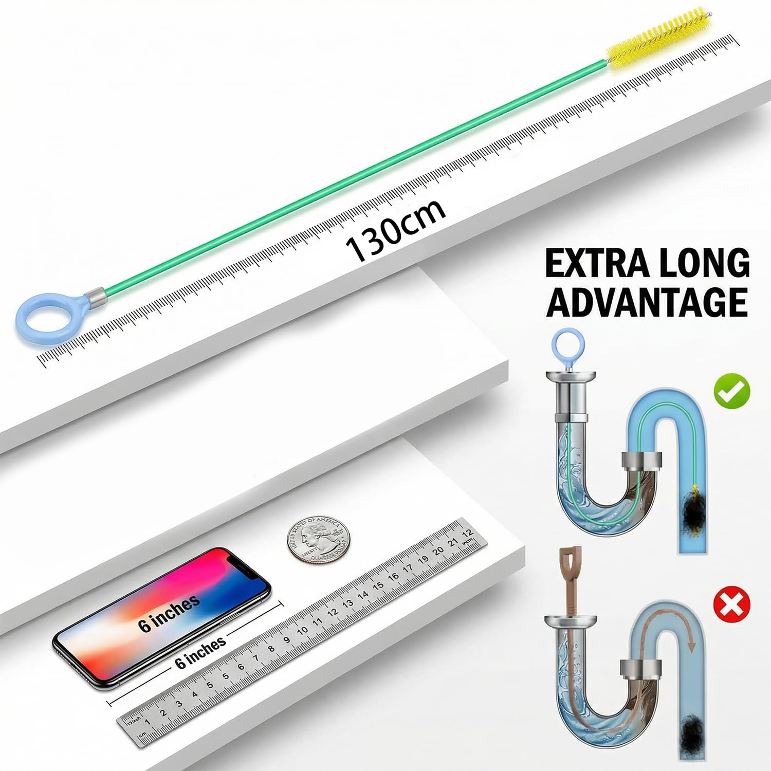 Paquete de 3 limpiadores de desagües en espiral de 130 cm, serpiente de drenaje con revestimiento de nailon de acero antiroturas, recogedor de pelo flexible para cocina, baño y bloqueo de