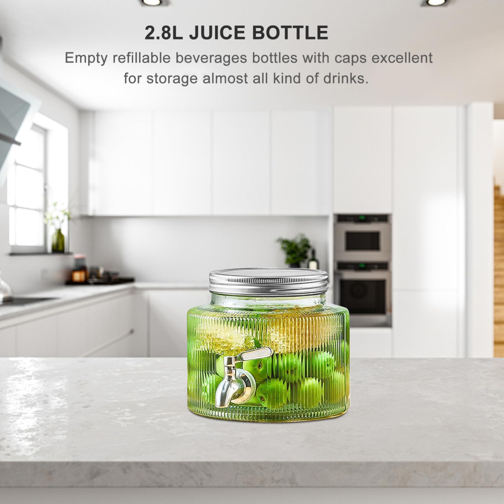 Dispensador de Bebidas y Diseño Único de Vidrio de 2,8l con Grifo con Tapa Sellada Adecuado para Servir Cócteles y Limonada en Reuniones