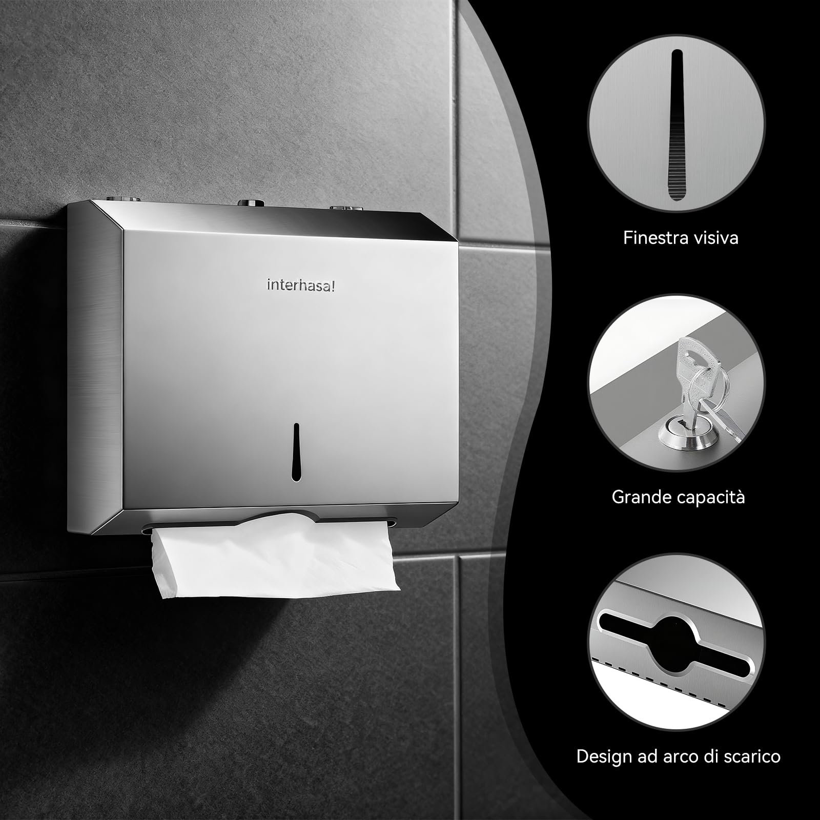 interhasa! Dispenser Carta Asciugamani da Parete, Porta Asciugamani di Carta in Acciaio Inox 304, Distributore di Carta Piegata a C/Z/V, per Bagno, Cucina, Ufficio, Hotel e Ristoranti