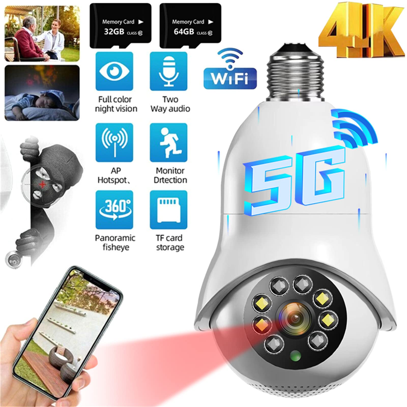 Caméra De Sécurité À Ampoule, 360° E27 Caméra De Surveillance sans Fil Ampoule 1080P 5G WiFi Vision Nocturne Suivi Humain Automatique Moniteur De Sécurité Audio Bidirectionnel,64g