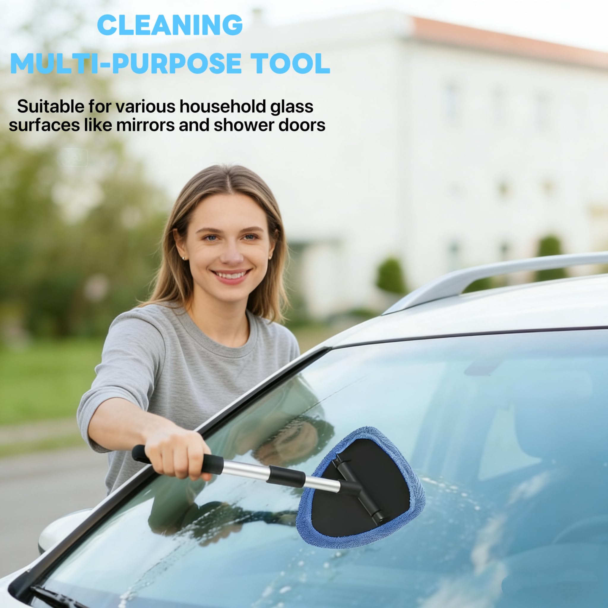 Car Windscreen Cleaner Tool, Telescopic Handle Car Cleaning Kit with 4 Reusable Microfiber Pads, Auto Windshield Cleaner for Interior Exterior Glass — view 7