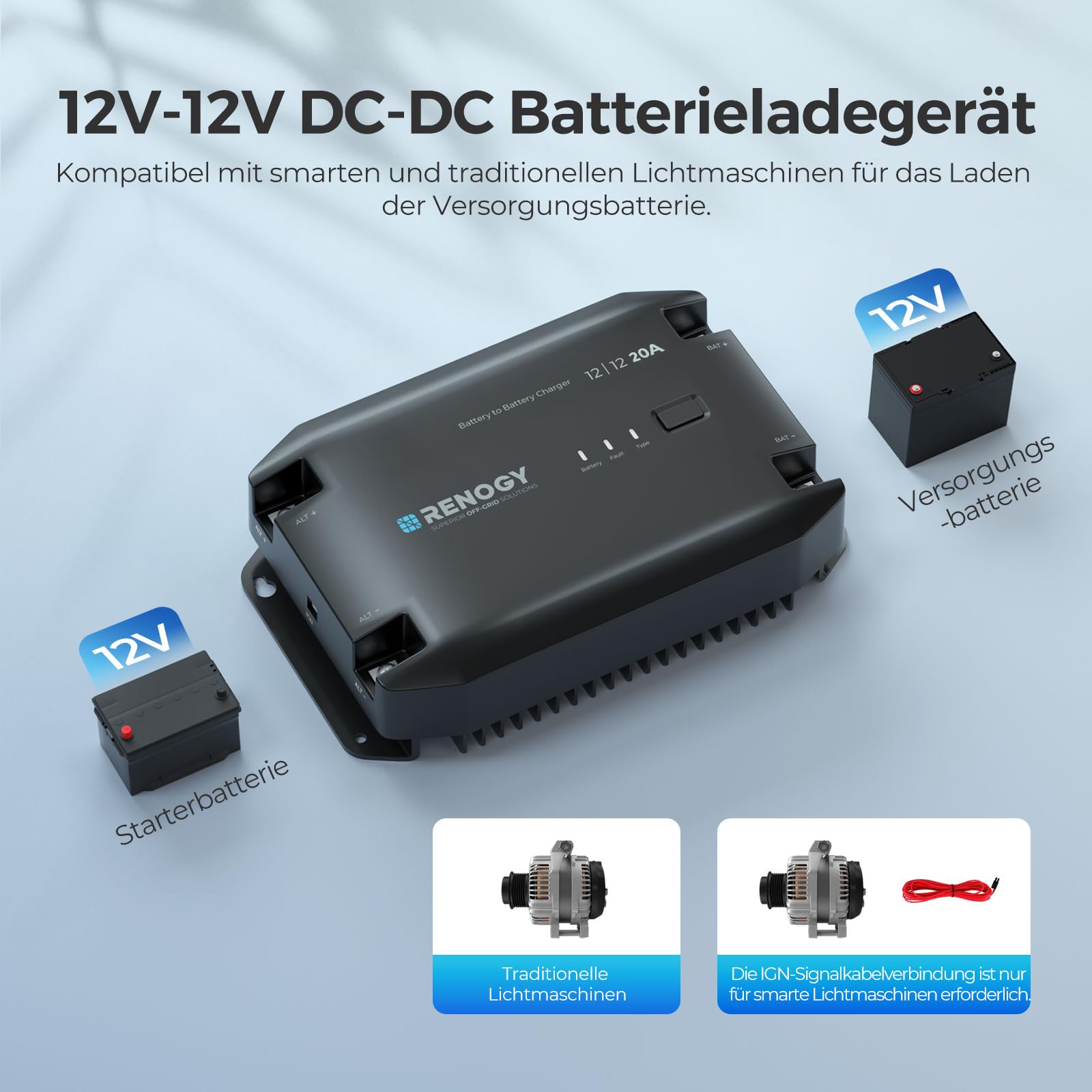 Renogy DC zu DC Batterie Ladegerät 12V 20A, Intelligent DCDC Batterieladegerät Laderegler Solar mit BT-2 Bluetooth Module