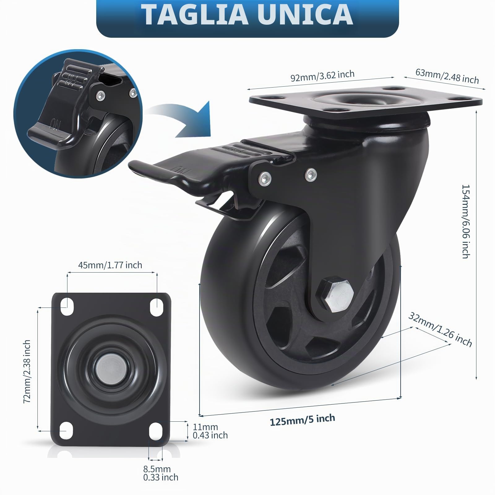 Ruote Per Carrello Pesanti con Freno 125MM, PU Rotelle per Mobili Ruote Girevoli a 360 Gradi, Set di 4 Doppio Cuscinetto Rotelle Pivotanti Capacità 800kg per Tavolo, Armadio(con Viti)