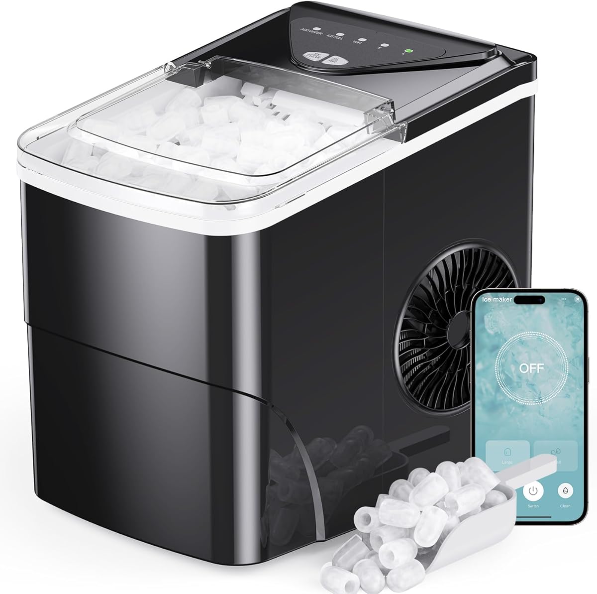 Silonn Smart Countertop Ice Maker - 9 Bullet Cubes in 6 Mins, 26 lbs per Day, Compact Wi-Fi Ice Maker Machine, 2 Ice Cube Sizes, Portable Ice Maker with Self-Cleaning for Kitchen/Office/RV : Appliances
