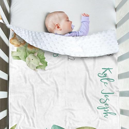 Miniatura 3 de Manta de hito mensual para bebé, nombre personalizado con fondo de fotografía de diseños de dinosaurios, manta de felpa suave con respaldo punteado