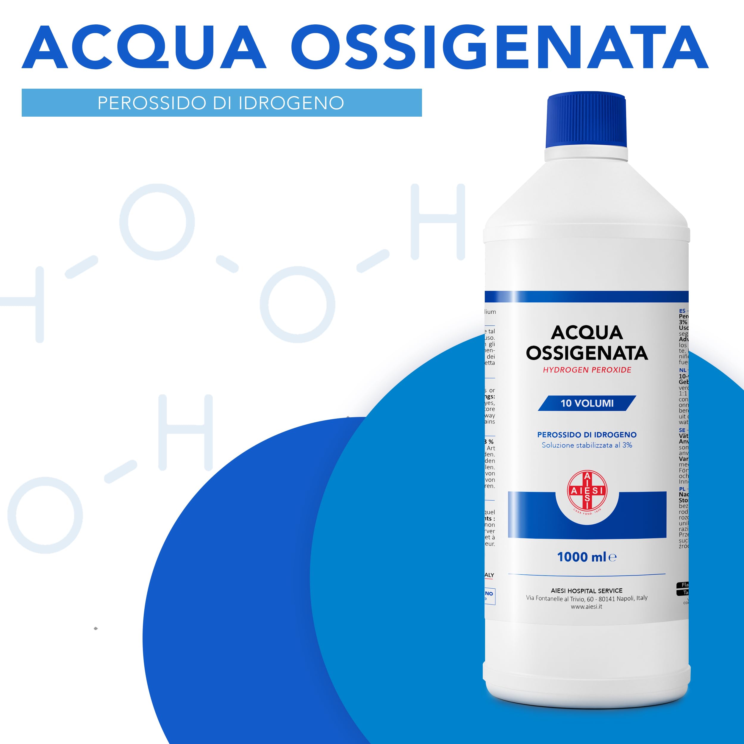 AIESI® Eau Oxygénée Ph.Eur. désinfectant (12x1000 ml) avec bouchon de sécurité pour enfants, Made in Italy